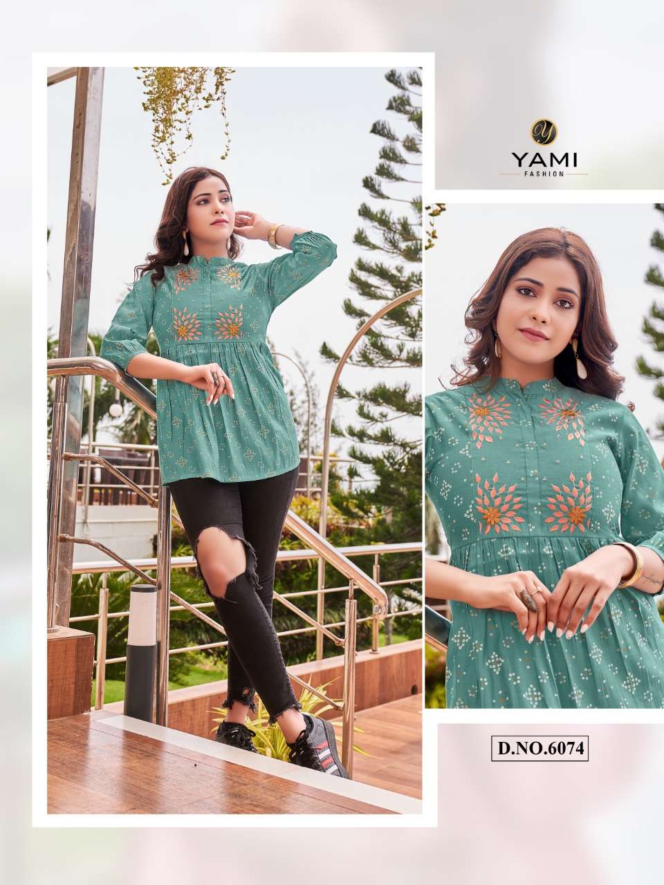 LIPI BY YAMI BRAND PRESENTS PURE ROMAN VISCOSE EXCLUSIVE HAND BLOCK PRINT TOP & TUNICS WITH MACHINE EMBROIDERY WORK-6074-C
